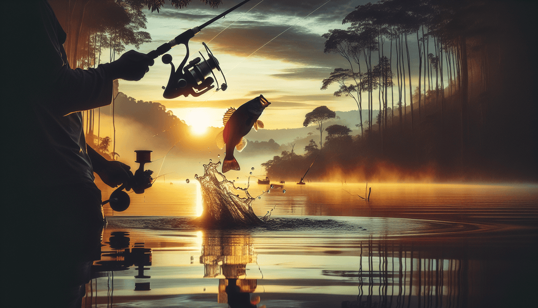 Silhouette of angler fishing at sunset, catching a bass jumping out of the water in a serene lake setting.