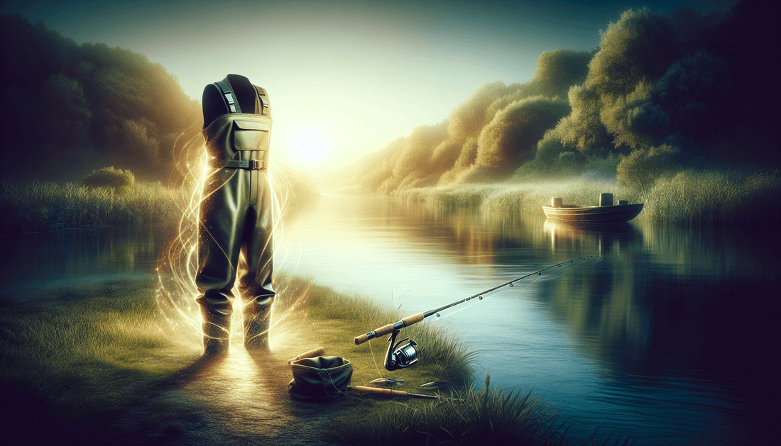 Enchanting fishing waders glowing near a river at sunrise, with a fishing rod and tackle box nearby.