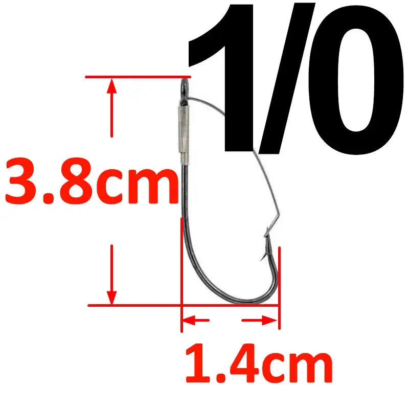 1/0 size weedless barbed fishing hook dimensions, 3.8cm length and 1.4cm width, ideal for wacky rig setups.