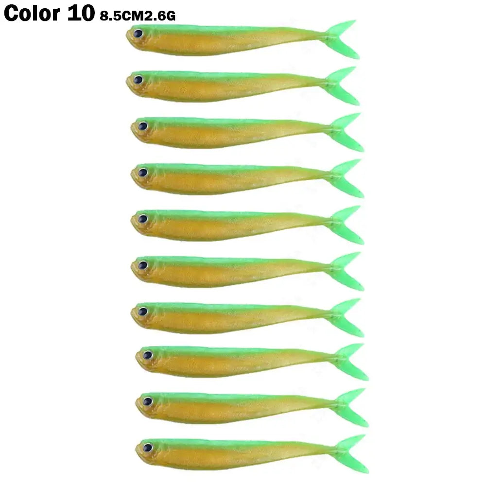 10PCS professional-grade soft silicone fish lures, 8.5cm/2.6g, designed for versatile fishing in saltwater and freshwater.