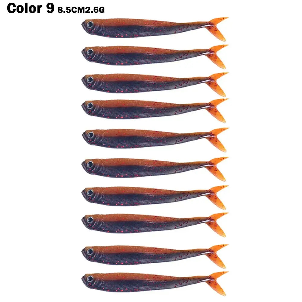 Set of 10 Color 9 8.5cm/2.6g soft silicone fish lures with a maggot worm profile for effective fishing.