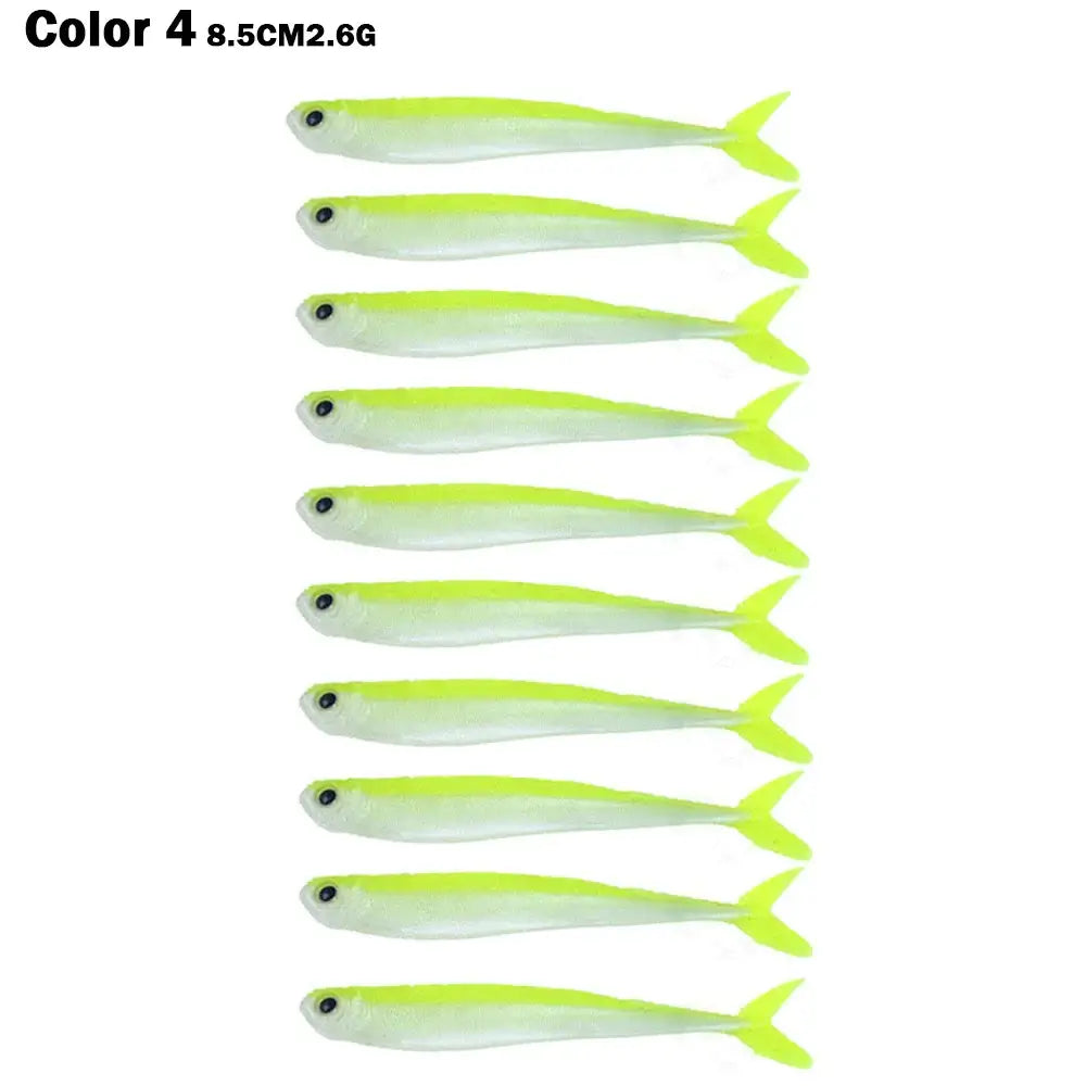 10PCS Color 4 8.5cm/2.6g soft silicone fish lures for freshwater and saltwater fishing.
