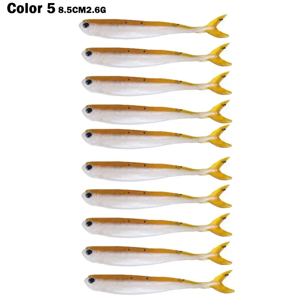 Set of 10 Color 5 8.5cm/2.6g soft silicone fish lures for saltwater and freshwater fishing.