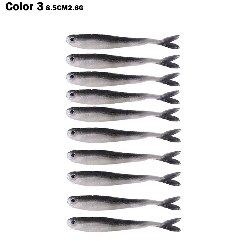 10PCS Color 3 8.5cm/2.6g soft silicone fish lures for freshwater and saltwater fishing.