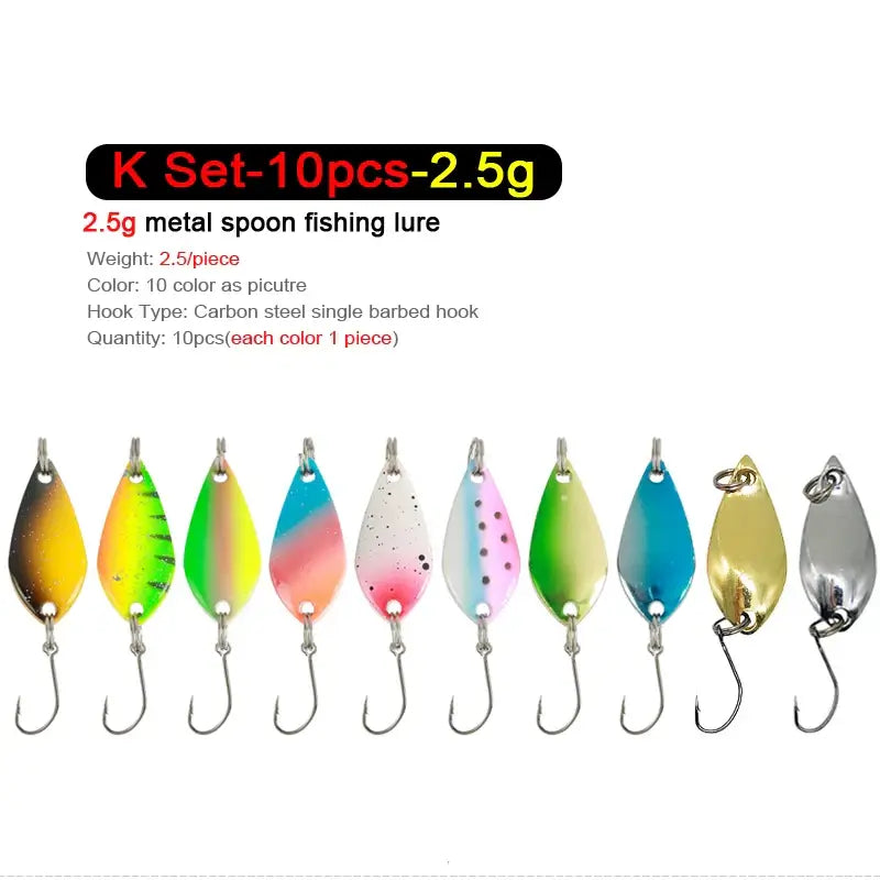 10pcs 2.5g metal spoon fishing lures in various colors, featuring single barbed hooks for effective trout and chub fishing.