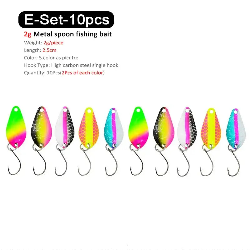 10-piece metal spoon fishing bait set, 2g, 2.5cm length, 5 vibrant colors, high carbon steel single hooks.