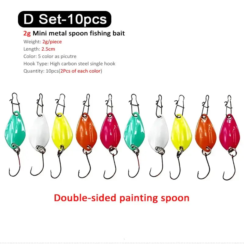 10Pcs 2g mini metal spoon fishing lures in various colors for trout and chub fishing tackle accessories.