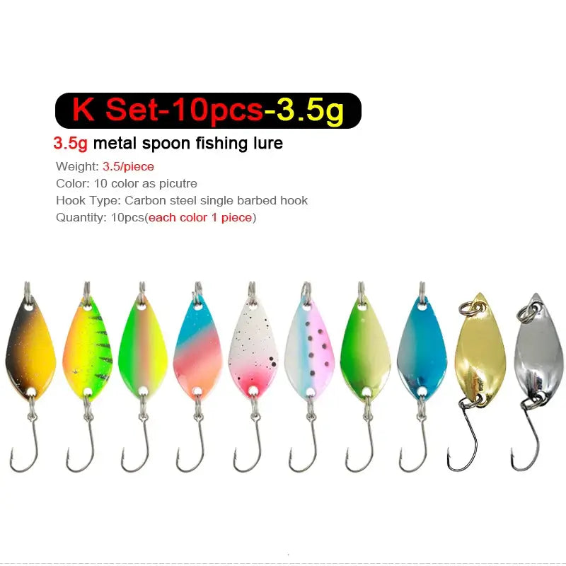 10pcs 3.5g metal spoon fishing lures in various colors with barbed hooks for trout and chub fishing.