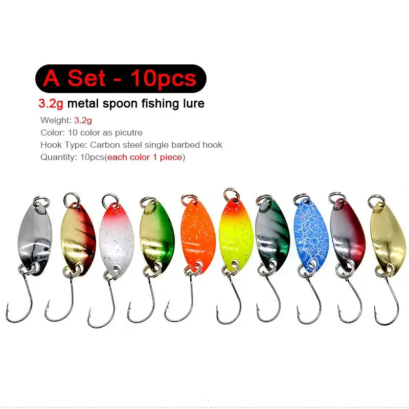 10pcs 3.2g metal spoon fishing lures in various colors, ideal for attracting trout and chub while fishing.