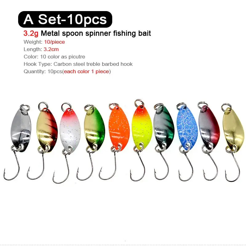 10 pcs 3.2g metal spoon spinner fishing bait in various colors with treble hooks for trout and chub fishing.