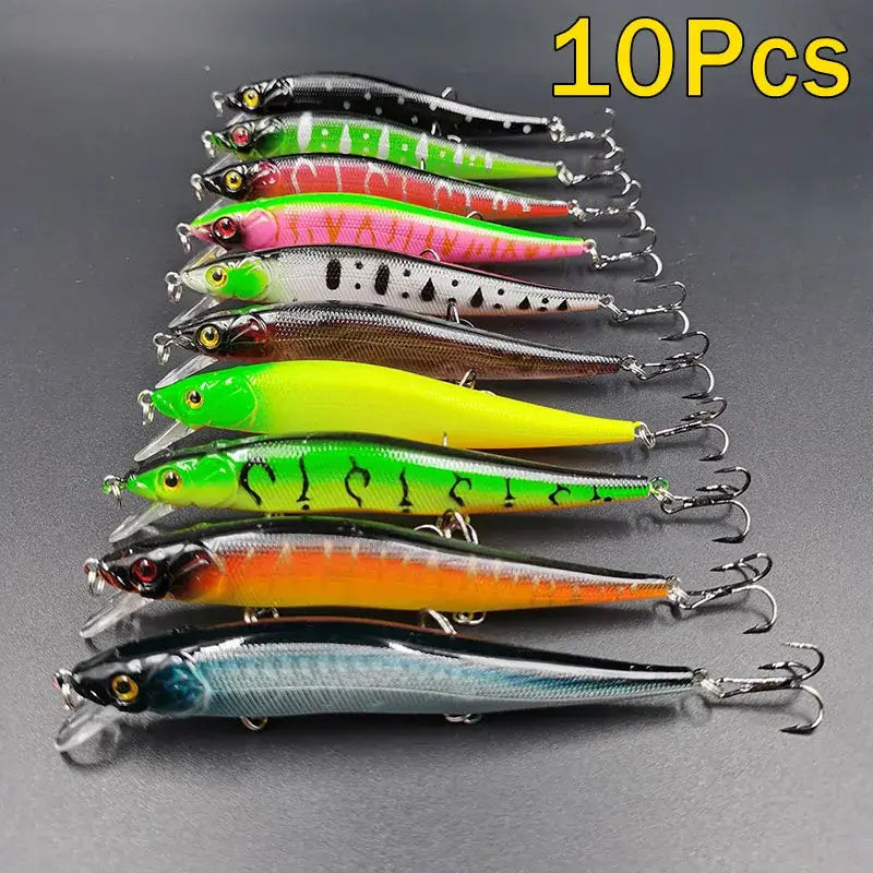 Colorful set of 10 fishing lures, 11.5cm long, featuring 3D eyes and treble hooks for effective bass and pike fishing.