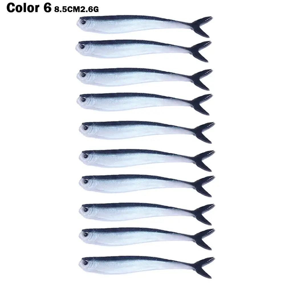 10PCS Color 6 8.5cm Soft Silicone Fish Lures for Fishing, 2.6g, Versatile Jigging and Wobbling Action.