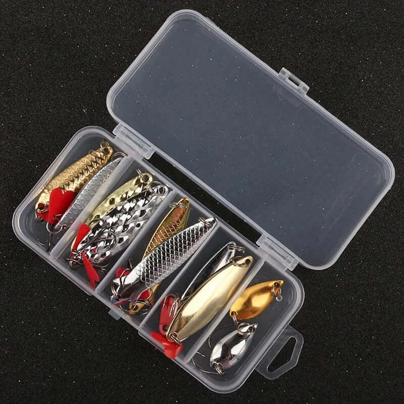 10-piece fishing metal spoon lure kit with gold and silver baits in a clear storage box, ideal for anglers.