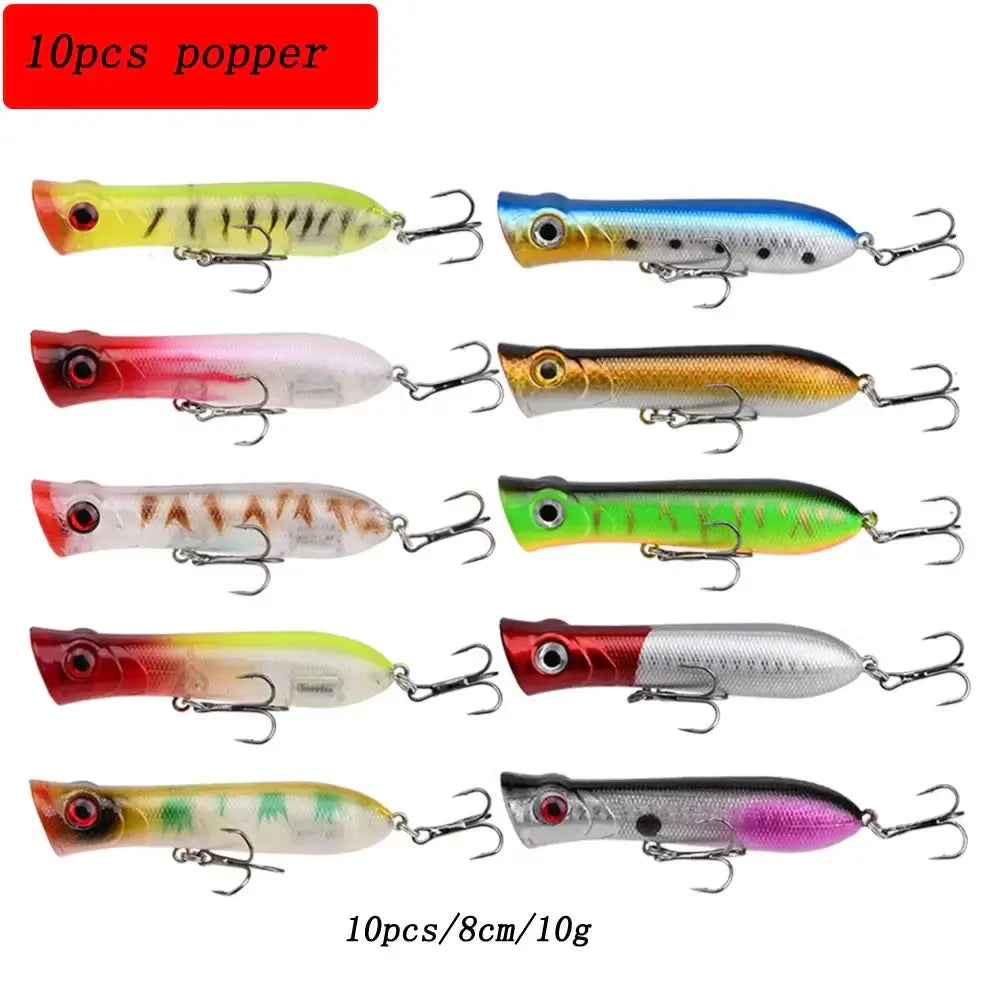 Set of 10 colorful popper fishing lures featuring different designs, ideal for various fishing conditions and techniques.