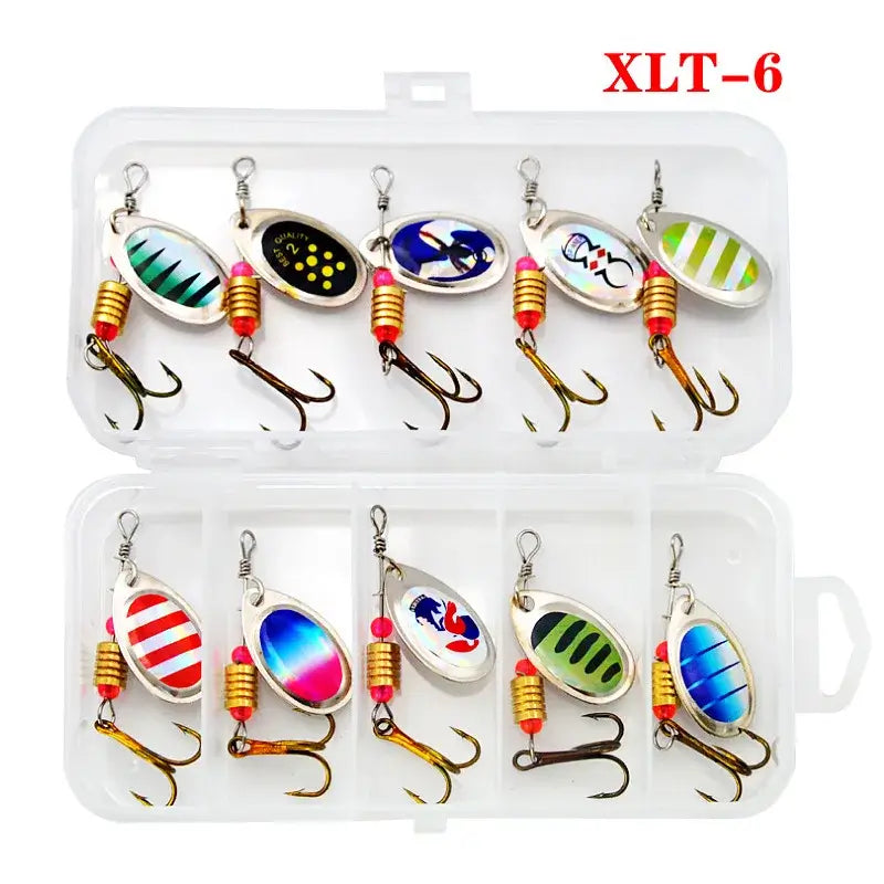 Set of 10 colorful fishing lures in tackle box, designed for various fishing environments like ocean and river.