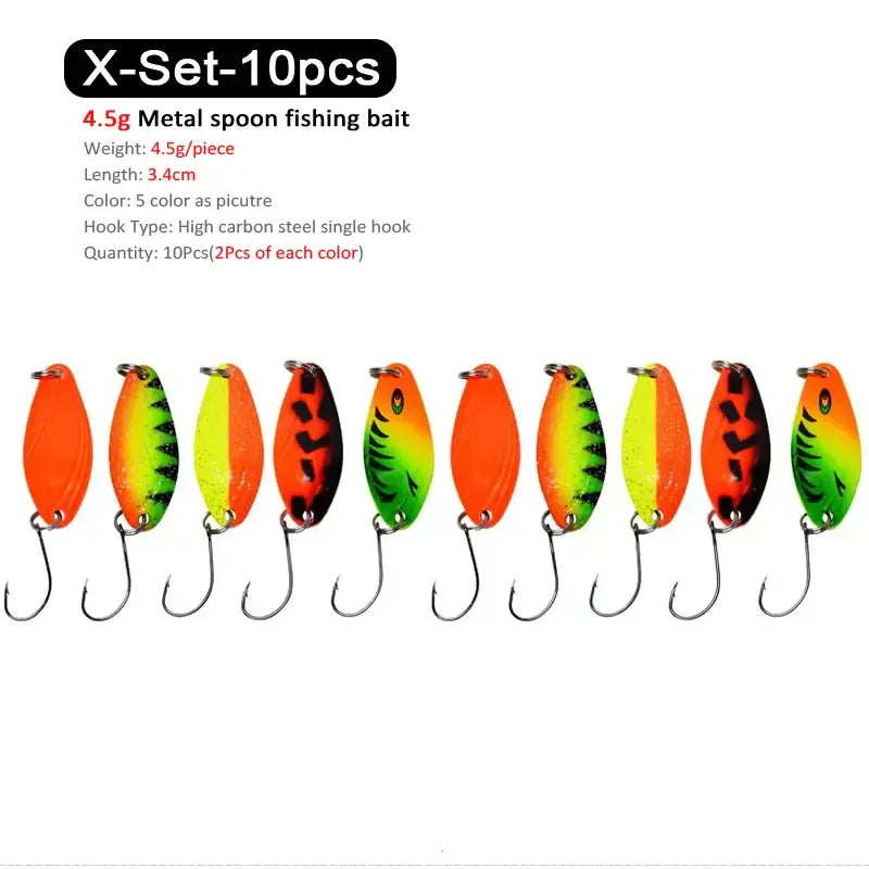 10-piece set of 4.5g metal spoon fishing lures in vibrant colors for effective trout and chub fishing.