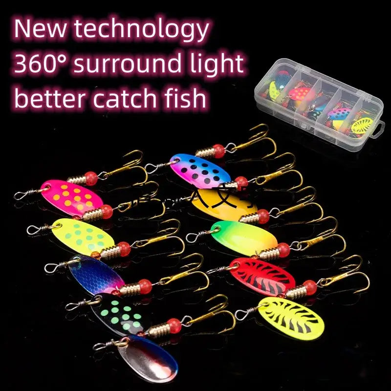 10pcs colorful metal fishing lures with tackle box featuring new technology for better fish catch.