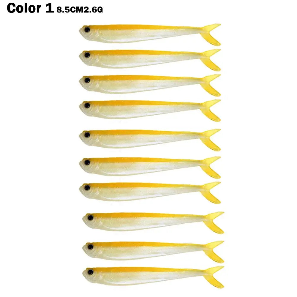 10PCS yellow and clear soft silicone fish lures, 8.5cm/2.6g, ideal for saltwater and freshwater fishing tackle.