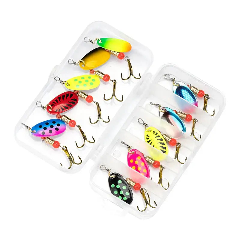 Colorful 10pcs fishing lure set in tackle box with metal spoons and hooks for various fishing environments.