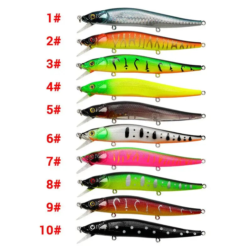 Set of colorful 11.5cm fishing lures with 3D eyes, ideal for bass and pike fishing in various water types.
