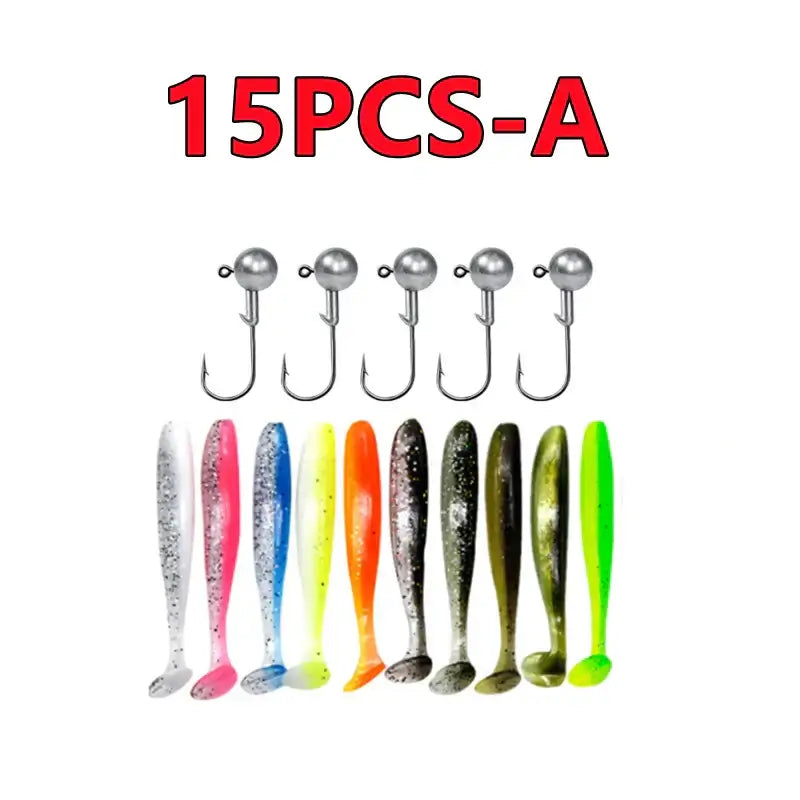15PCS Soft Fishing Lures Set with Jig Head Hooks in various colors ideal for ocean and lake fishing.