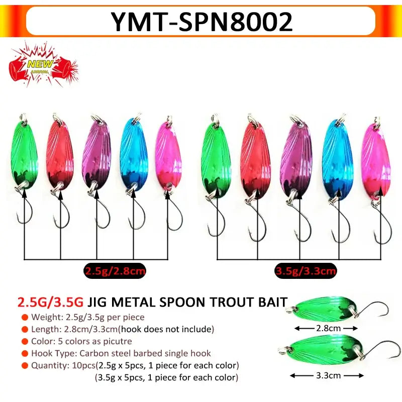 7 pcs metal spoon trout bait lures, weights 2.5g and 3.5g, available in 5 vibrant colors for effective fishing.