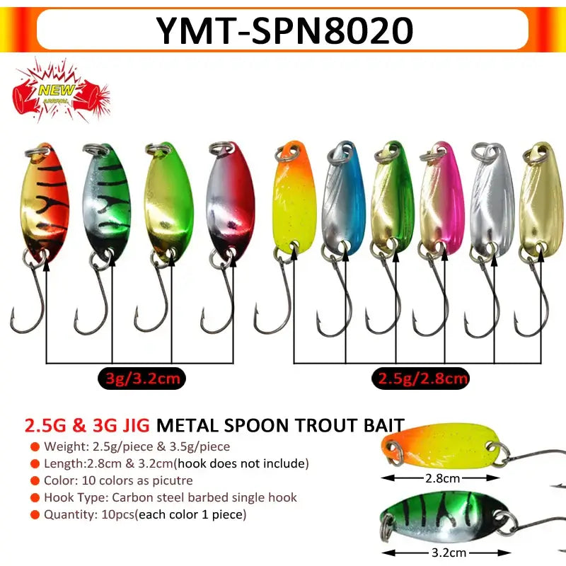 Assorted metal spoon trout lures in various colors and weights for optimal fishing performance, ideal for attracting trout and chub.