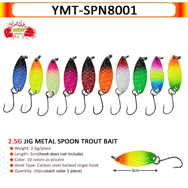 Colorful 2.5g metal spoon trout bait lures, 10pcs in various colors, designed for effective fishing.