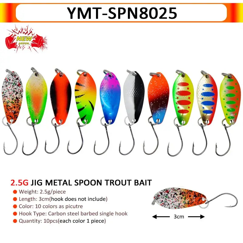 YMT-SPN8025 2.5g jig metal spoon trout bait lures in various colors for fishing tackle, 10pcs set.