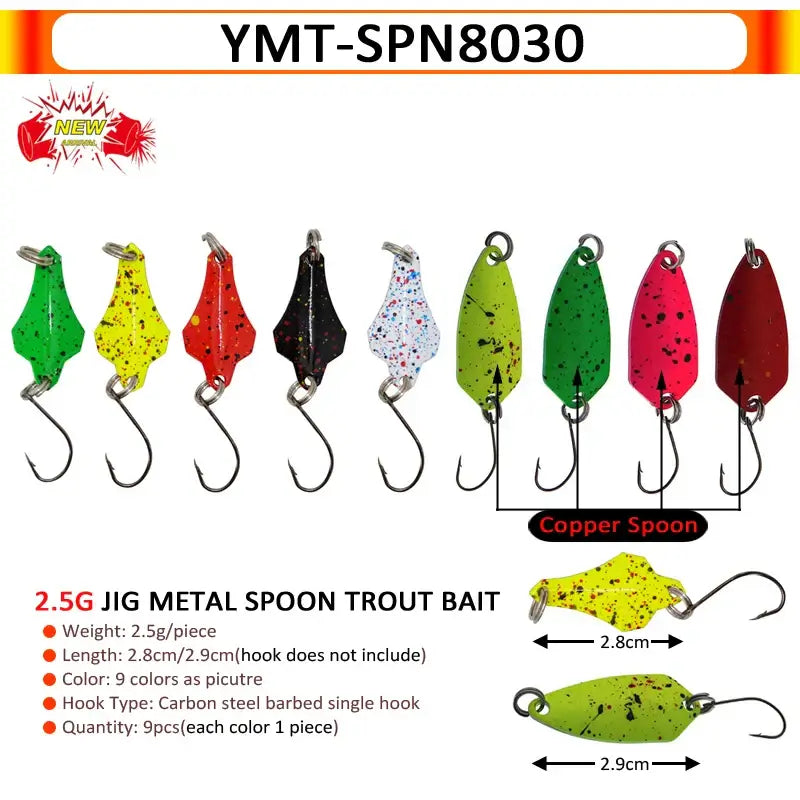 Colorful 2.5g metal spoon trout bait lures featuring 9 vibrant designs for effective fishing performance.