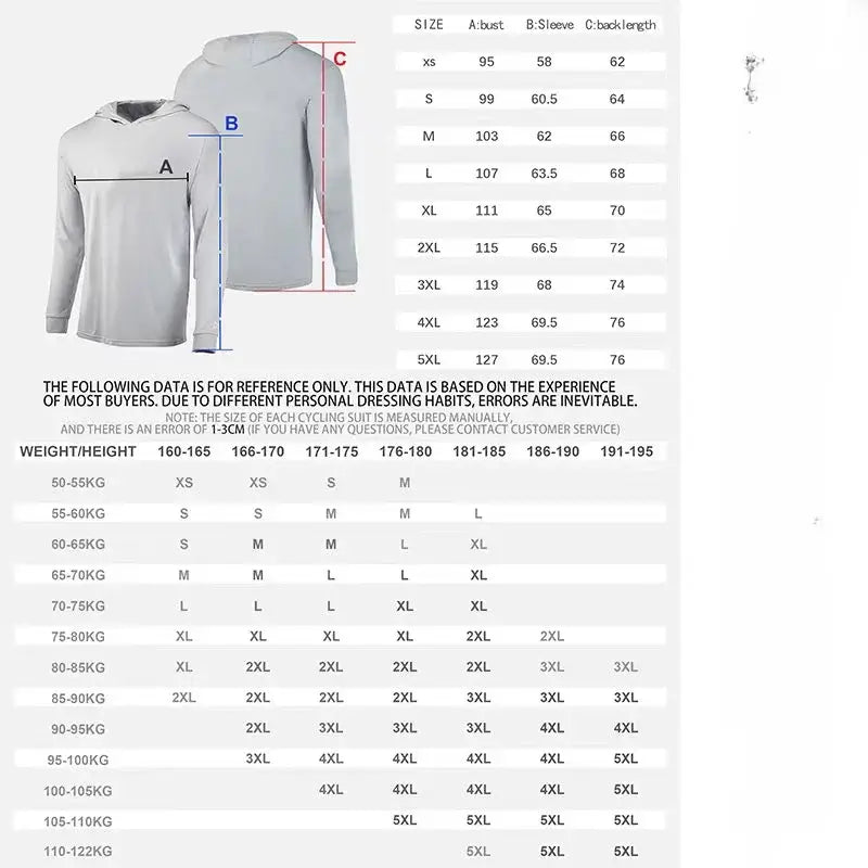 Size chart for 2023 Men's Hooded Fishing T-Shirt detailing measurements and sizing options.