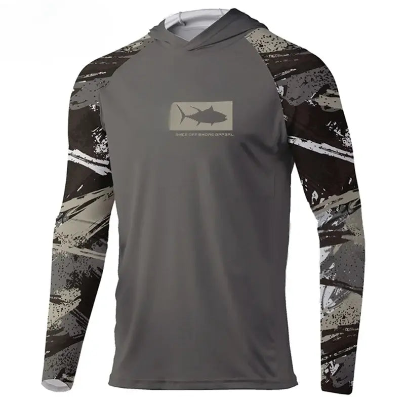 2023 Men's hooded fishing t-shirt with UPF 50+ protection, lightweight mesh for breathability, ideal for anglers.