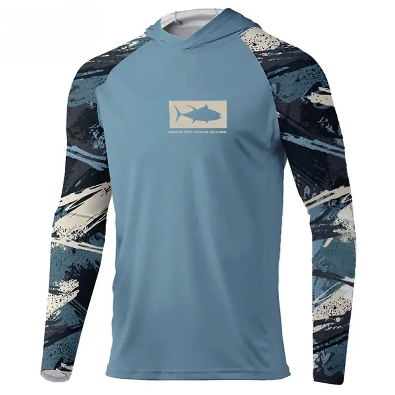 2023 men's hooded fishing t-shirt in blue with abstract design, featuring UPF 50+ for sun protection.