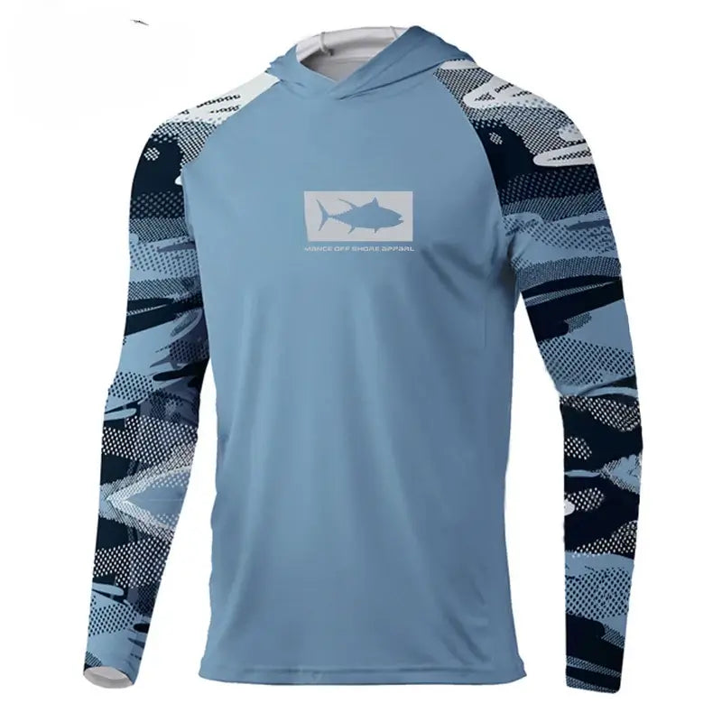 2023 Men's hooded fishing t-shirt with long sleeves, UV protection, and breathable mesh fabric in blue.