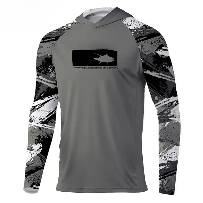 2023 Men's hooded fishing t-shirt with long sleeves, UV protection, and breathable mesh for outdoor anglers.