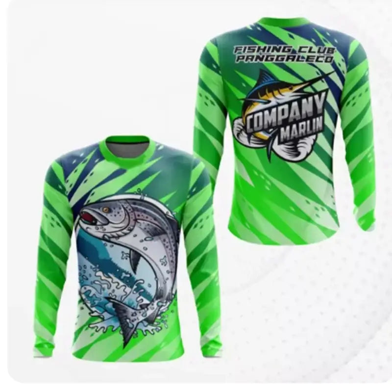 2025 fishing shirt men with fish print and logo, anti-UV long sleeve, for summer outdoor fishing trips.