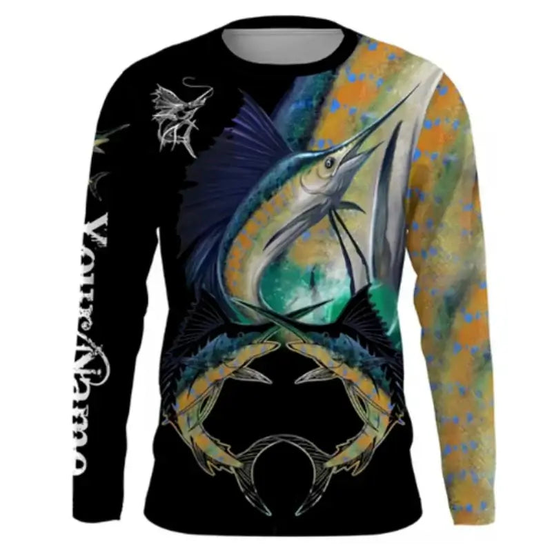 Men's long sleeve fishing shirt with colorful fish print and vibrant design, ideal for summer outdoor fishing trips.