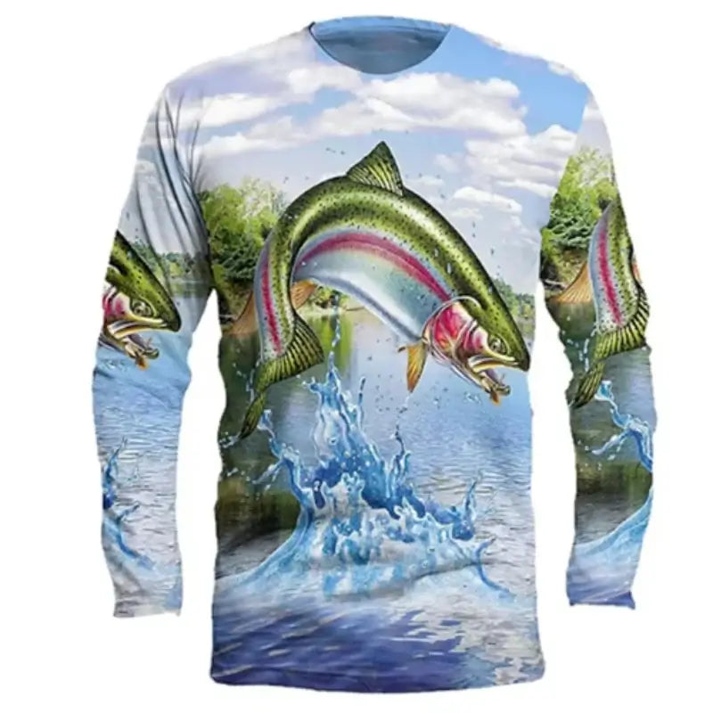 2025 fishing shirt for men with colorful fish print, perfect for summer outdoor fishing trips and sun protection.
