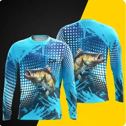 2025 men's fishing shirt with fish print, anti-UV long sleeves, perfect for summer outdoor activities.