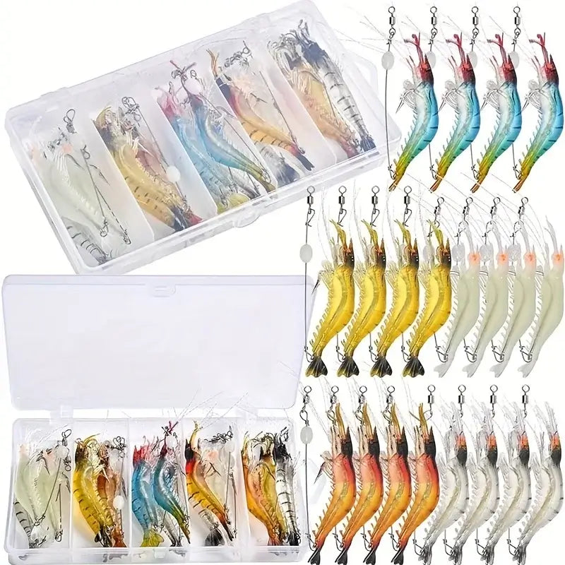 20pcs soft fishing lures in a clear storage box, featuring luminous colors and sharp hooks for versatile freshwater and saltwater fishing.