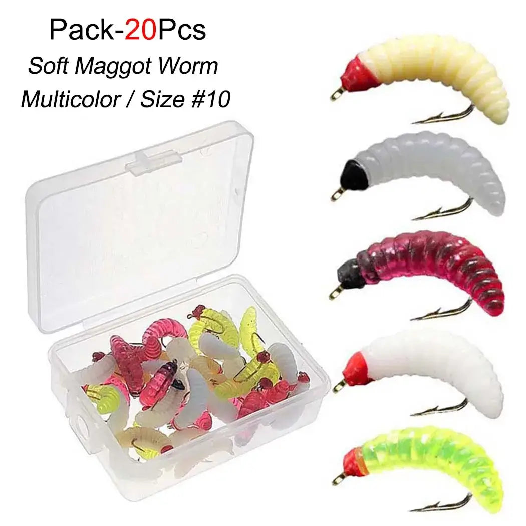 20Pcs Soft Maggot Worm fishing lures in multicolor, ideal for trout and bass fishing, packaged in a clear box.
