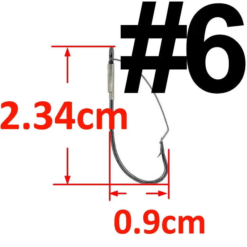 Size #6 weedless barbed fishing hook with dimensions 2.34cm and 0.9cm for bass fishing.