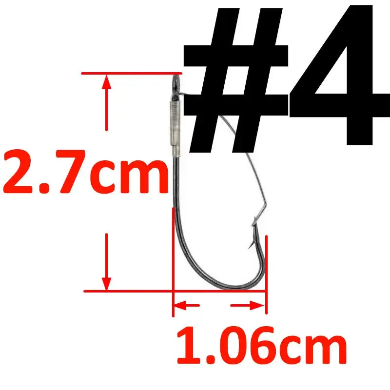 Weedless barbed fishing hook size #4 with dimensions 2.7cm length and 1.06cm width for bass fishing.