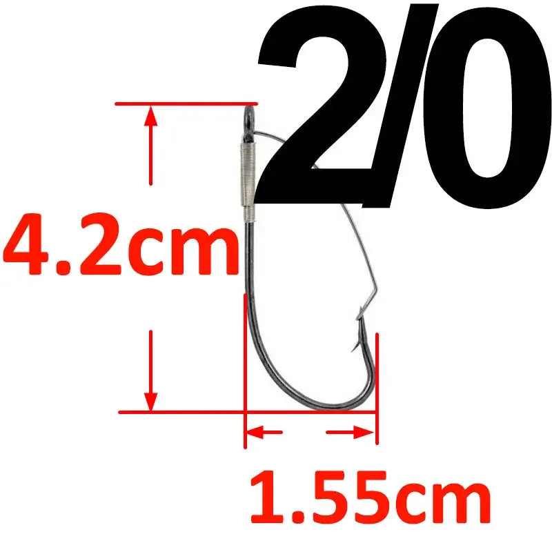 Diagram showing a 2/0 weedless barbed fishing hook with dimensions 4.2cm length and 1.55cm width.