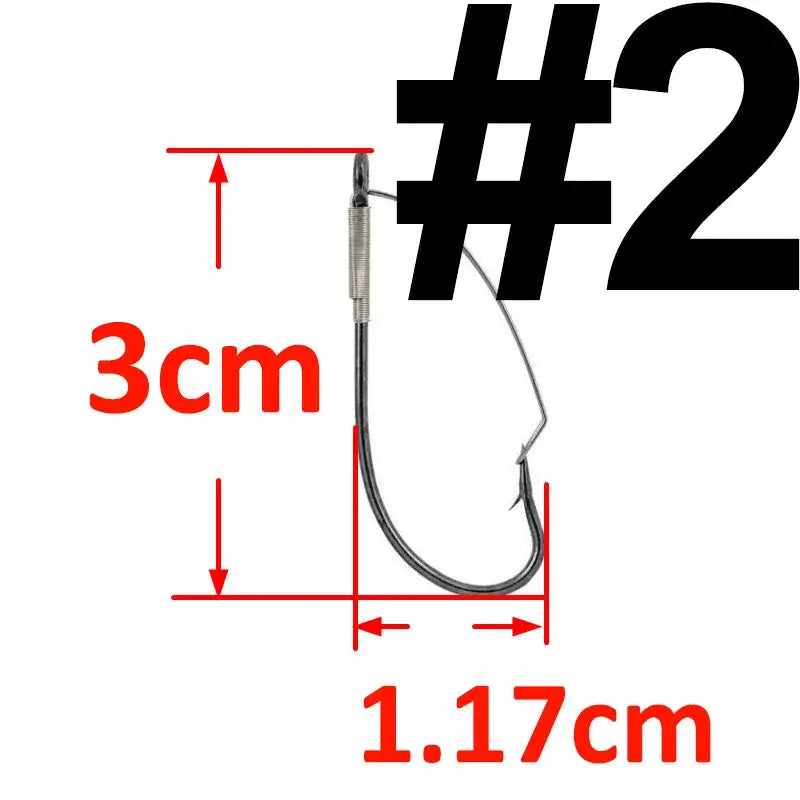 Diagram showing dimensions of a #2 weedless barbed fishing hook, with measurements of 3cm and 1.17cm for precise planning.