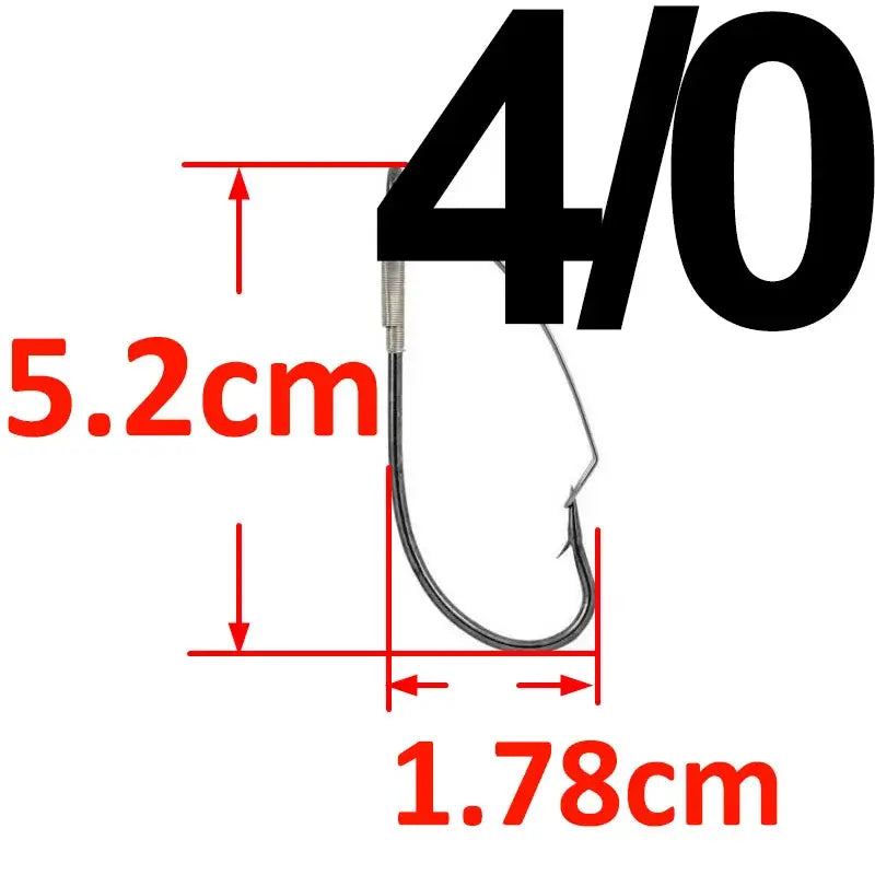 4/0 weedless barbed fishing hook dimensions, 5.2cm length and 1.78cm width, perfect for bass fishing.