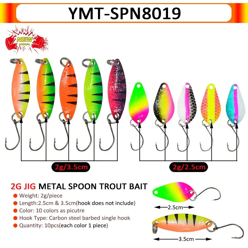 Collection of 2g metal spoon trout baits in various colors and weights for effective fishing lures.