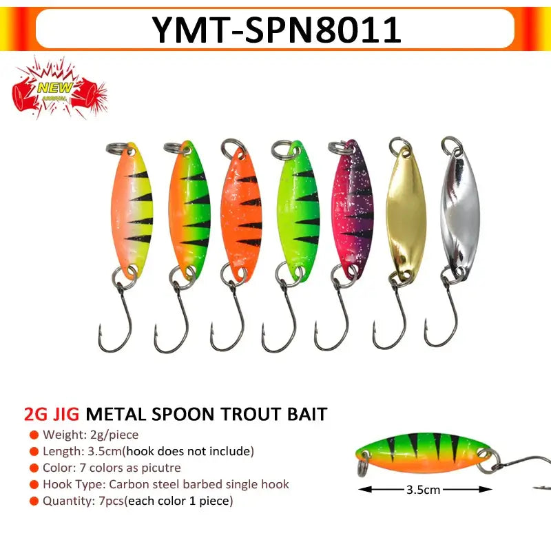 Assorted 7-pack metal spoon trout bait lures, each 2g, 3.5cm long, vibrant colors for effective fishing.
