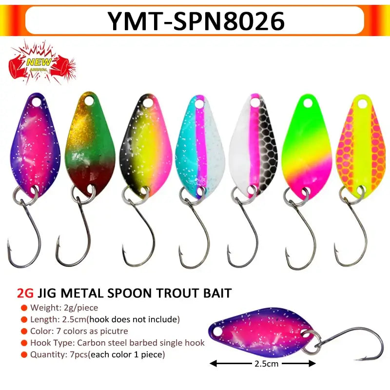 7 colorful 2g metal spoon trout baits, each 2.5cm, ideal for attracting trout and enhancing fishing success.