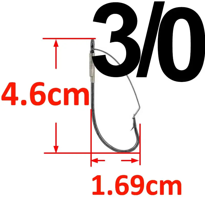 3/0 weedless barbed fishing hook dimensions 4.6cm length and 1.69cm gap for effective bass fishing.